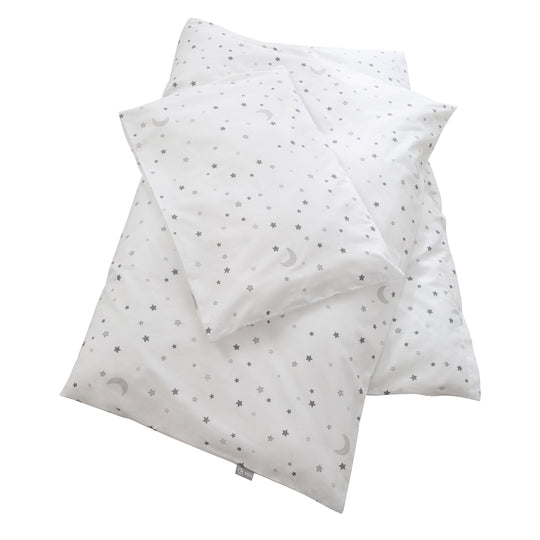 Juego completo de cuna 'Sternenzauber gris' 70 x 140 cm, blanco, incluye ropa de cama, dosel, protector y colchón