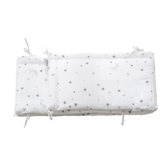Juego completo de cuna 'Sternenzauber gris' 70 x 140 cm, blanco, incluye ropa de cama, dosel, protector y colchón