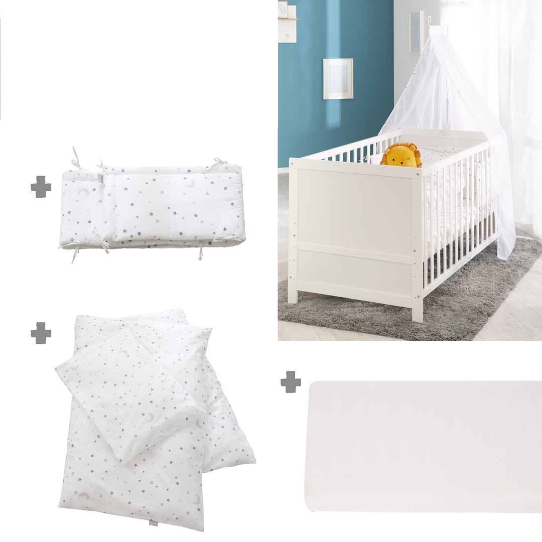 Juego completo de cuna 'Sternenzauber gris' 70 x 140 cm, blanco, incluye ropa de cama, dosel, protector y colchón