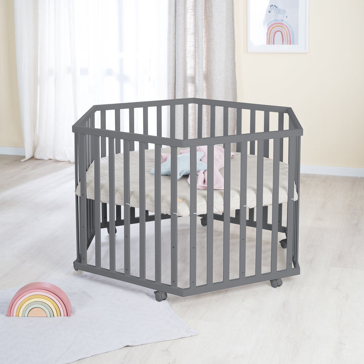 Parque infantil hexagonal + Inserto 'Greyish quilted' - Ajustable en altura - Madera en color antracita