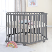 Parque infantil hexagonal + Inserto 'Greyish quilted' - Ajustable en altura - Madera en color antracita