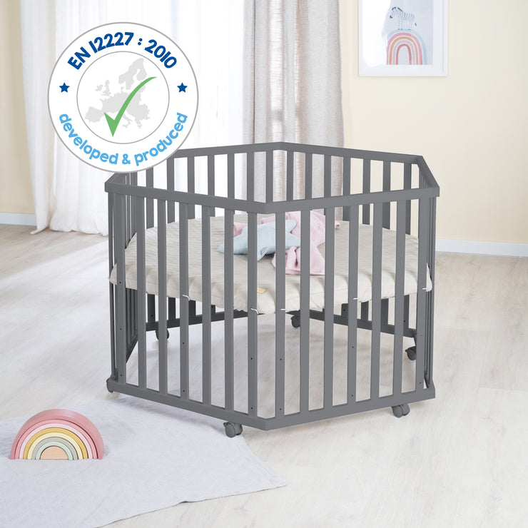 Parque infantil hexagonal + Inserto 'Greyish quilted' - Ajustable en altura - Madera en color antracita