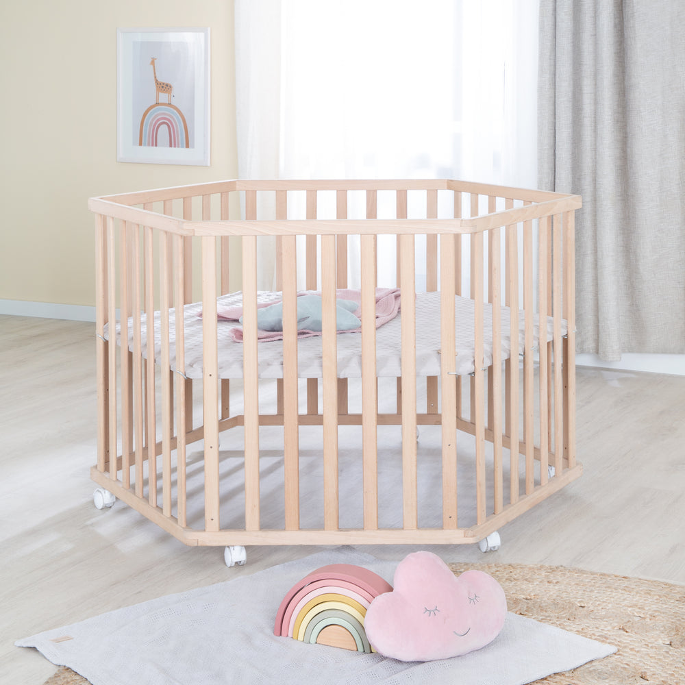 Parc hexagonal 'Lil Planet' gris - Hêtre massif - Hauteur réglable - Naturel