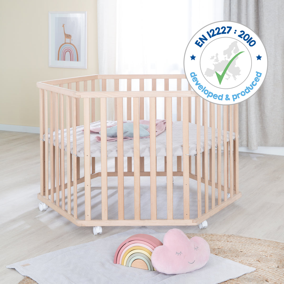 Parc hexagonal 'Lil Planet' gris - Hêtre massif - Hauteur réglable - Naturel