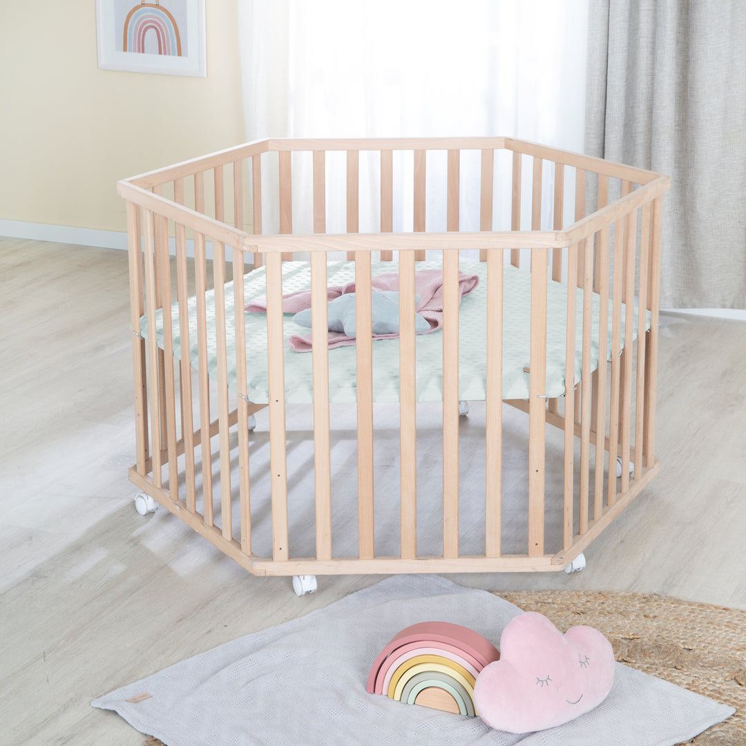 Parc hexagonal 'Lil Planet' - Hêtre massif - Hauteur réglable - Naturel / Vert givré