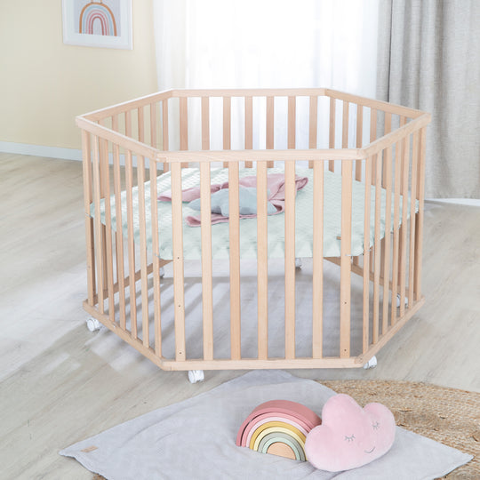 Parc hexagonal 'Lil Planet' - Hêtre massif - Hauteur réglable - Naturel / Vert givré