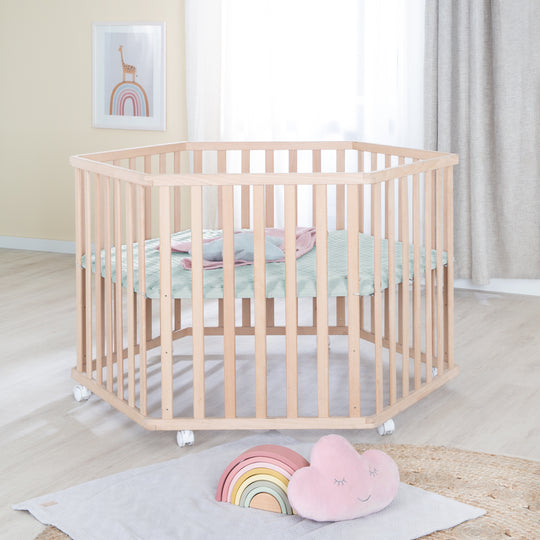 Parc hexagonal 'Lil Planet' - Hêtre massif - Hauteur réglable - Naturel / Vert givré