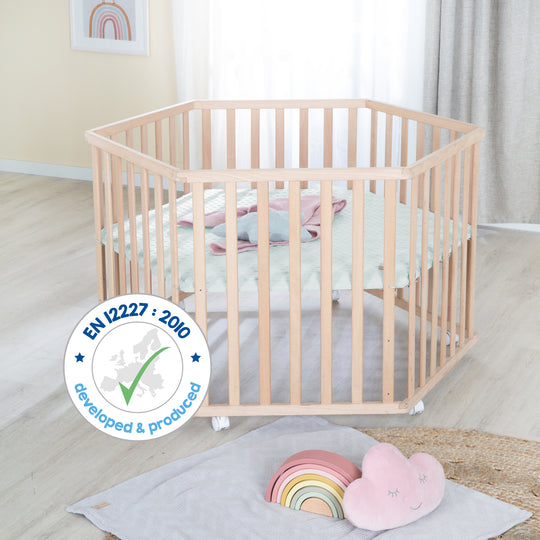 Parc hexagonal 'Lil Planet' - Hêtre massif - Hauteur réglable - Naturel / Vert givré