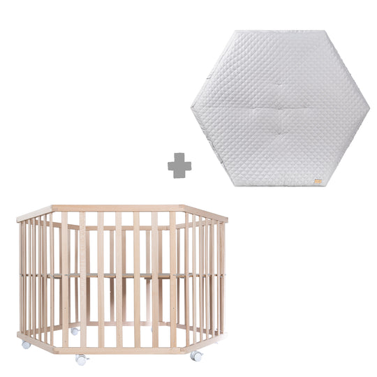 Parque infantil hexagonal 'Cosiplay' de haya orgánica, incluye inserto protector 'roba Style'