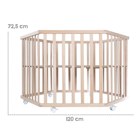 Playpen 'Beloved Bear', Hexagonal, Safe Playpen Including Safety Insert & Rollers, Natural