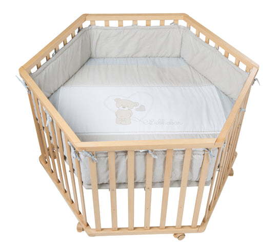 Playpen 'Beloved Bear', Hexagonal, Safe Playpen Including Safety Insert & Rollers, Natural