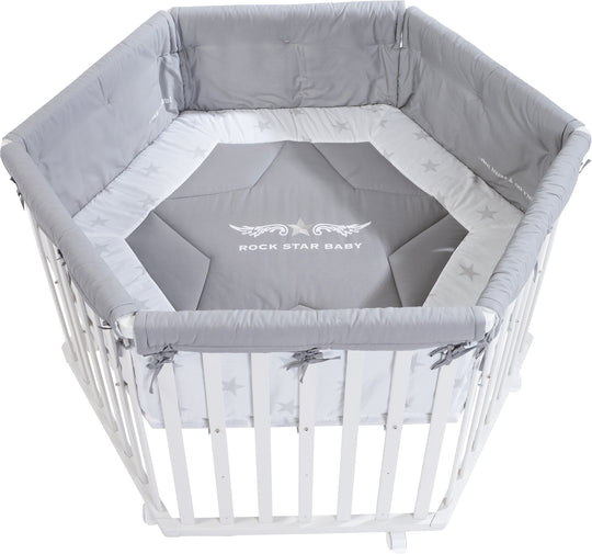 Parque 'Rock Star Baby', hexagonal, incluye almohadilla protectora y ruedas, madera blanca