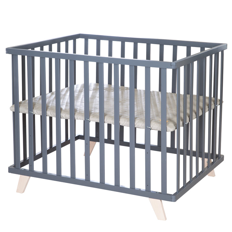 Playpen 75 x 100 with Wooden Legs + 'Greyish Quilted' Bumper - Anthracite Wood