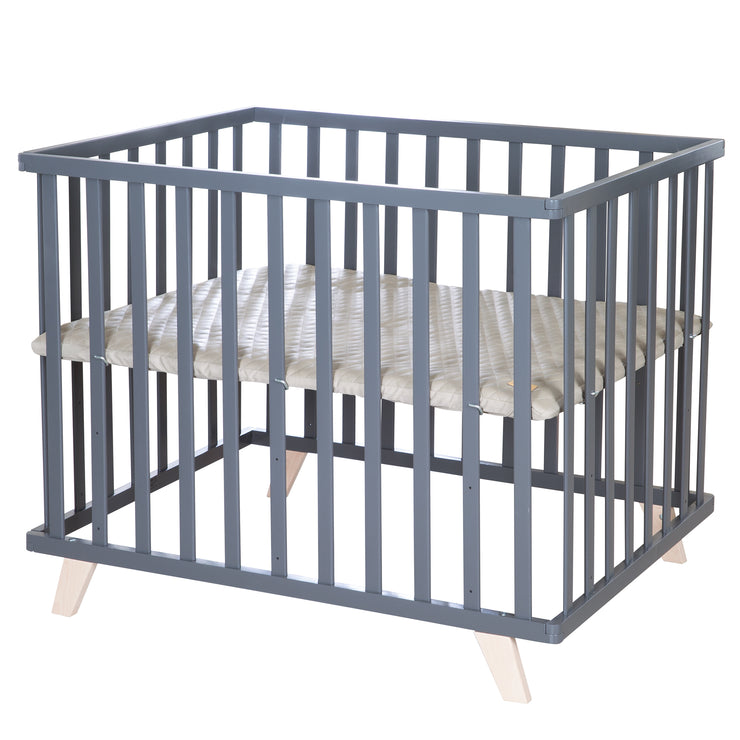 Box per bambini 75 x 100 con piedini in legno + Rivestimento trapuntato 'Greyish' - Legno antracite