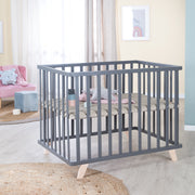 Playpen 75 x 100 with Wooden Legs + 'Greyish Quilted' Bumper - Anthracite Wood