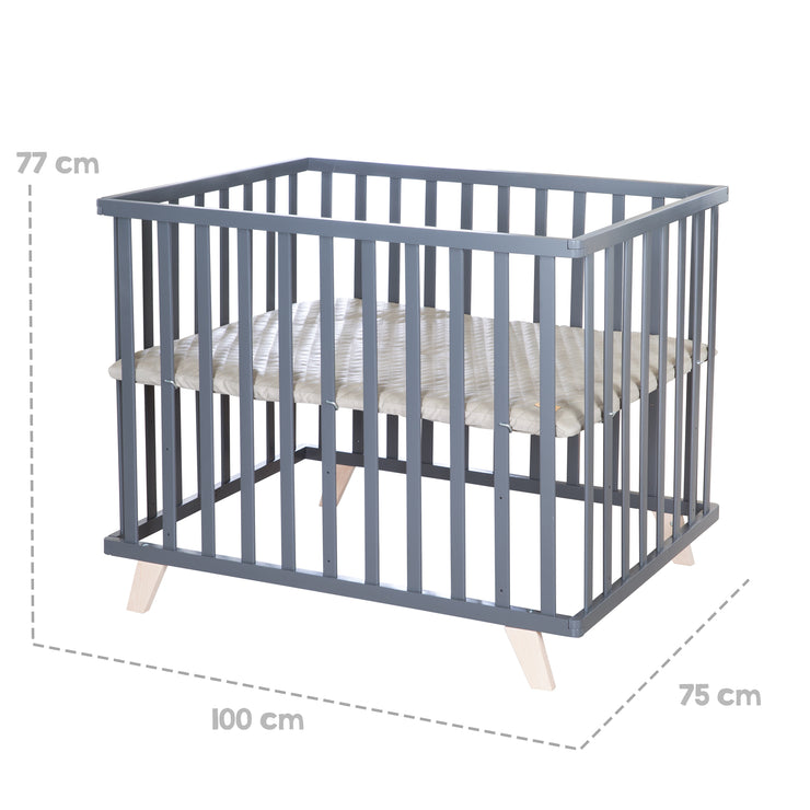 Playpen 75 x 100 with Wooden Legs + 'Greyish Quilted' Bumper - Anthracite Wood