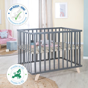 Playpen 75 x 100 with Wooden Legs + 'Greyish Quilted' Bumper - Anthracite Wood