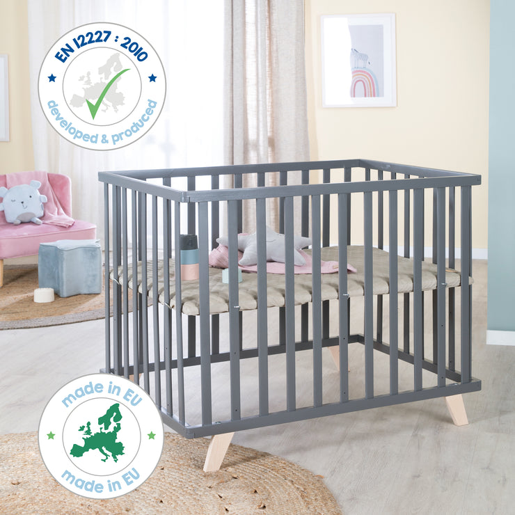 Playpen 75 x 100 with Wooden Legs + 'Greyish Quilted' Bumper - Anthracite Wood