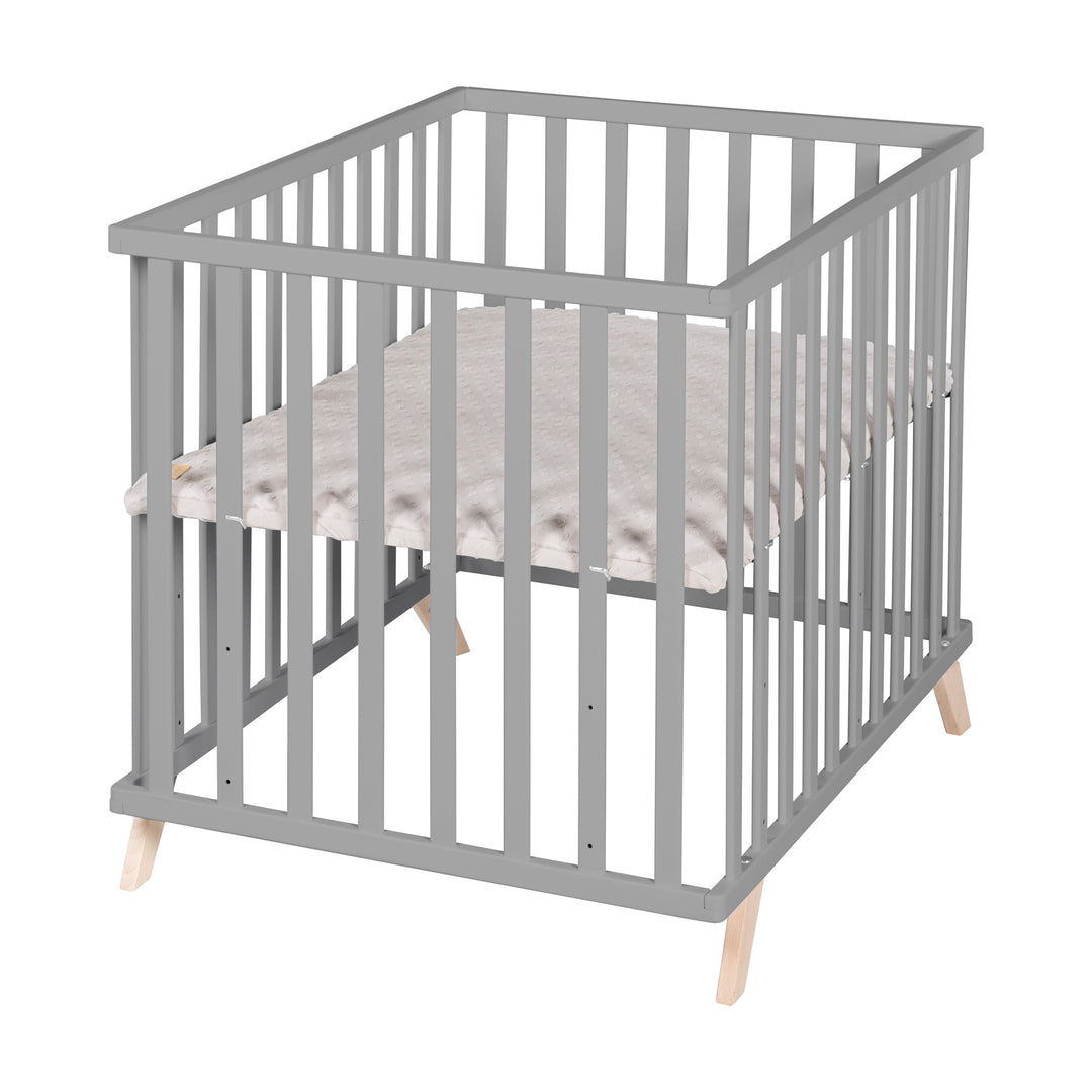 Parc 75 x 100 + Tapis de parc gris 'Lil Planet' - Hauteur réglable - Bois laqué taupe