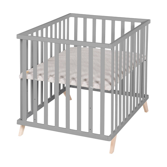 Parc 75 x 100 + Tapis de parc gris 'Lil Planet' - Hauteur réglable - Bois laqué taupe