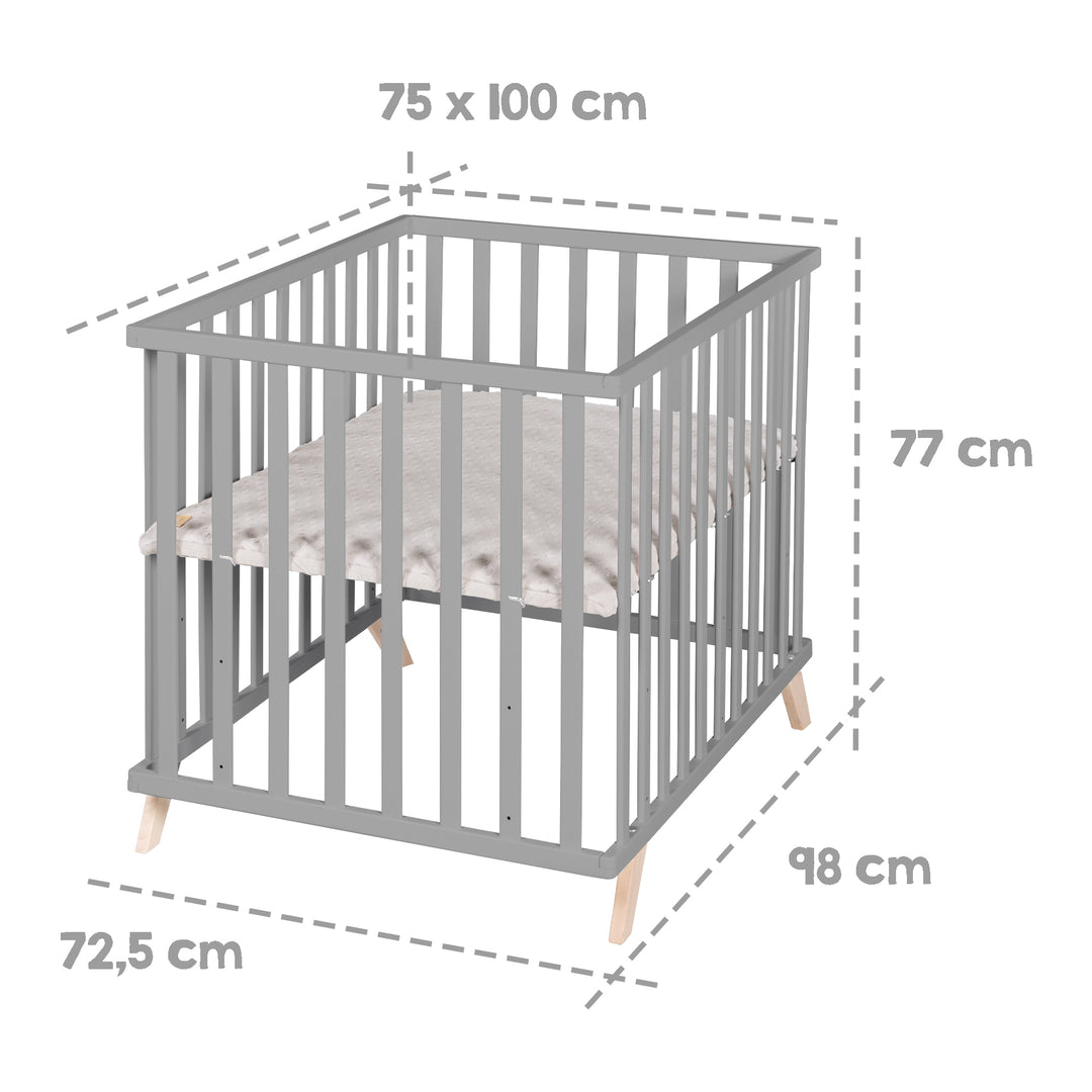 Parc 75 x 100 + Tapis de parc gris 'Lil Planet' - Hauteur réglable - Bois laqué taupe