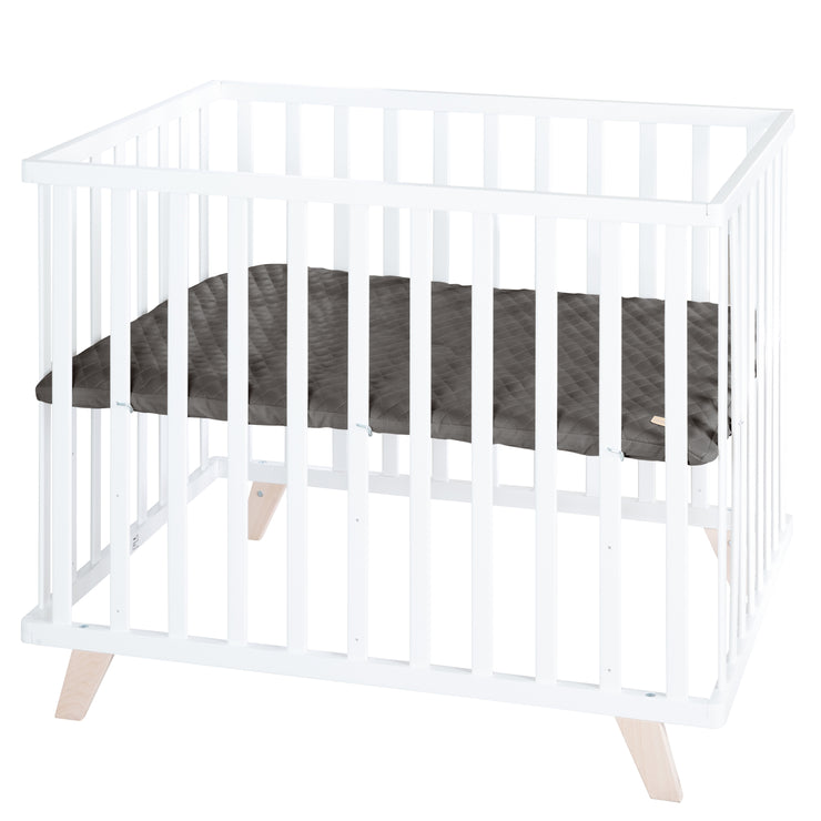 Box per bambini 75 x 100 con piedini in legno + Rivestimento trapuntato 'Graphite' - Legno bianco