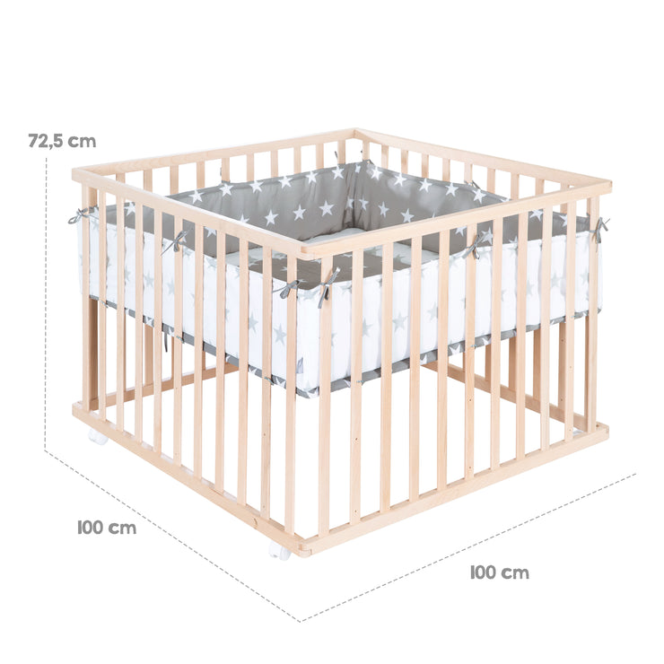 Parc bébé en bois + insert 'Little Stars' - Réglable en hauteur sur 3 niveaux - Naturel