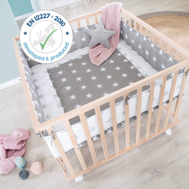 Wooden Playpen + Little Stars Insert - 3-fold Height Adjustable - Natural