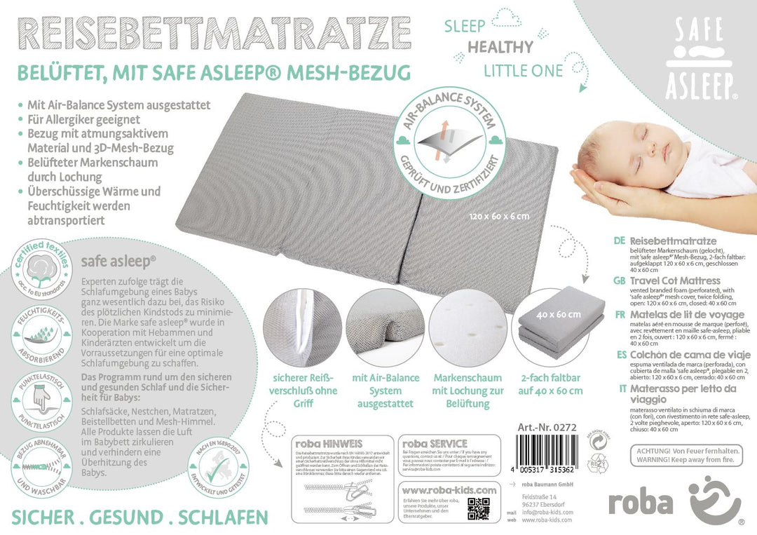 Colchón para cuna de viaje 'safe asleep®', 60 x 120 x 5,5 cm, espuma ventilada para un clima óptimo