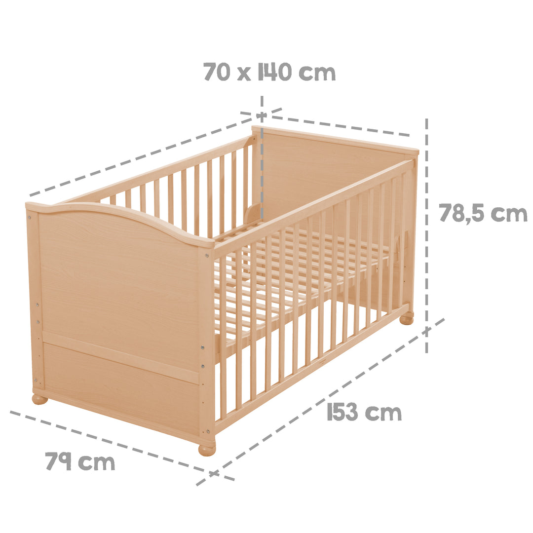 Cuna combinada 70 x 140 cm, natural, ajustable en altura, con barrotes extraíbles, convertible en cama junior
