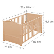 Lit pour enfants combinés 70 x 140 cm, nature, réglable en hauteur, avec des barres de glissement, convertibles en lit junior