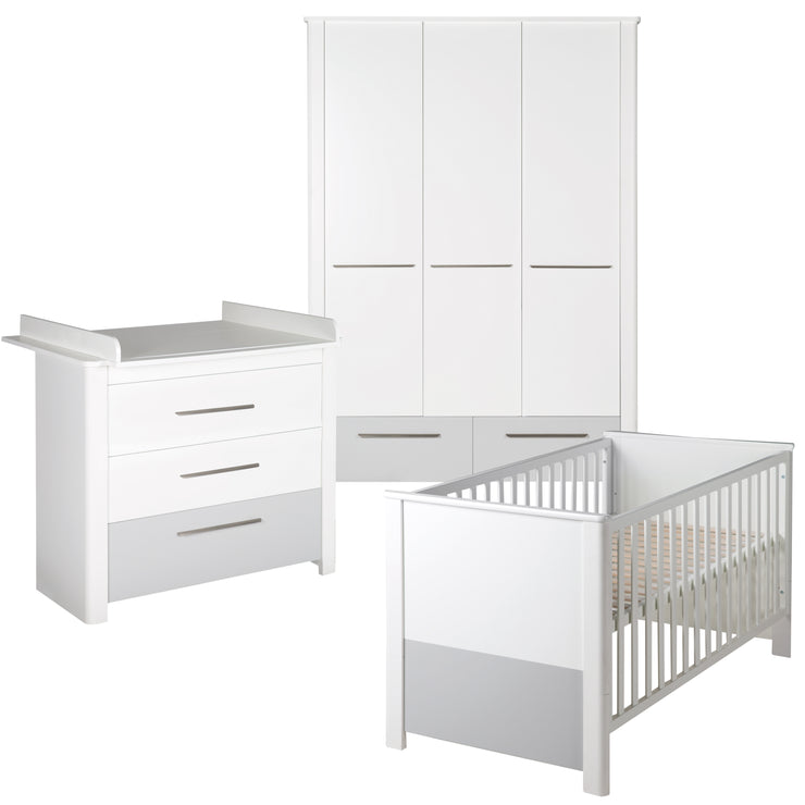 Room set 'Linus' incl. cmbi cot 70 x 140 cm, changing table & 3-door wardrobe, white / gray