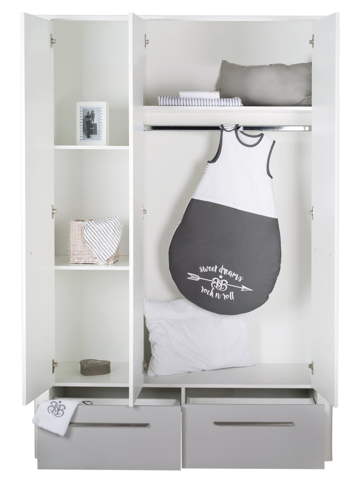 Zimmerset 'Linus' inkl. Kombi-Bett 70 x 140 cm, Wickelkommode & 3-türigem Schrank, Weiß / grau