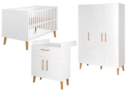 Kinderzimmerset 'Mick', inkl. Kombi-Bett, Wickelkommode & 3-türigem Schrank, weiß/Goldeiche