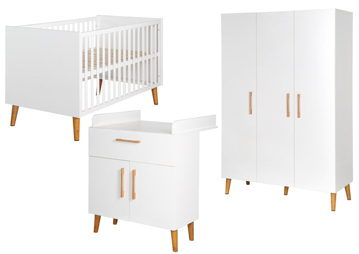 Kinderzimmerset 'Mick', inkl. Kombi-Bett, Wickelkommode & 3-türigem Schrank, weiß/Goldeiche
