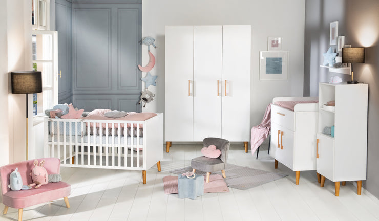Kinderzimmerset 'Mick', inkl. Kombi-Bett, Wickelkommode & 3-türigem Schrank, weiß/Goldeiche