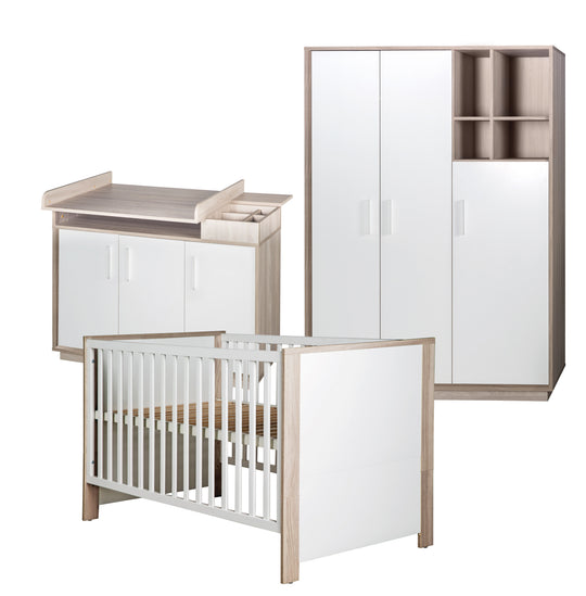 Kinderzimmerset 'Olaf' inkl. Kombi-Bett 70 x 140 cm, Wickelkommode & 3-türigem Schrank, Luna Elm/weiß