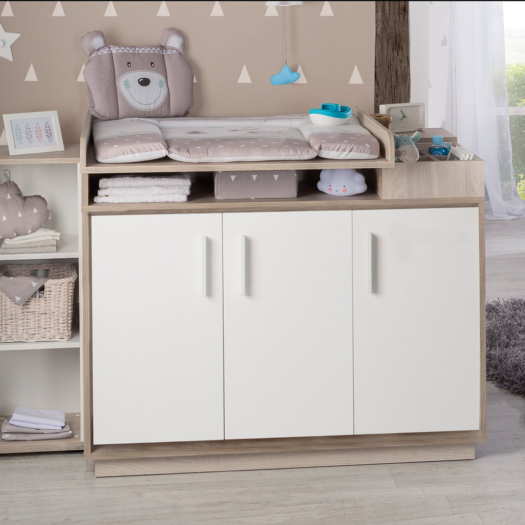 Kinderzimmerset 'Olaf' inkl. Kombi-Bett 70 x 140 cm, Wickelkommode & 3-türigem Schrank, Luna Elm/weiß