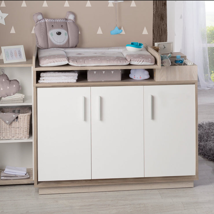 Kinderzimmerset 'Olaf' inkl. Kombi-Bett 70 x 140 cm, Wickelkommode & 3-türigem Schrank, Luna Elm/weiß