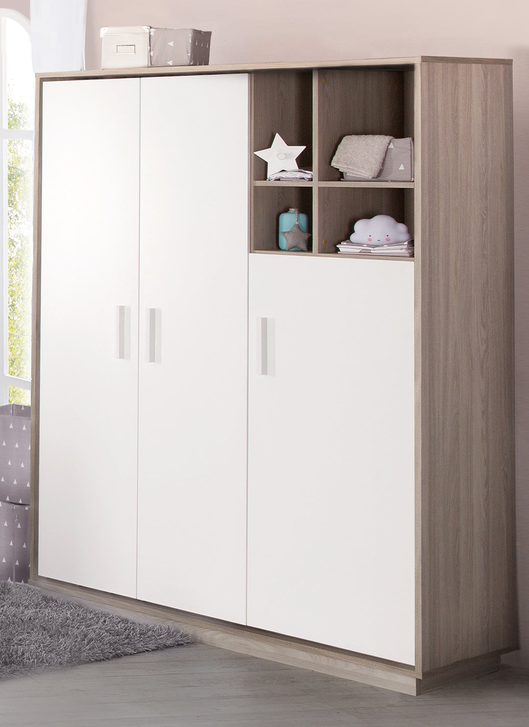 Kinderzimmerset 'Olaf' inkl. Kombi-Bett 70 x 140 cm, Wickelkommode & 3-türigem Schrank, Luna Elm/weiß