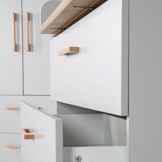 Children's Room Set 'Caro', including Convertible Bed 70 x 140 cm, Changing Table & 3-Door Wardrobe, Light Gray/Gold Oak