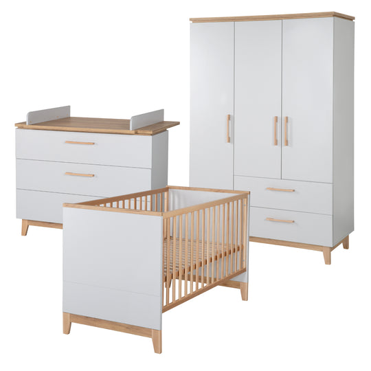 Children's Room Set 'Caro', including Convertible Bed 70 x 140 cm, Changing Table & 3-Door Wardrobe, Light Gray/Gold Oak