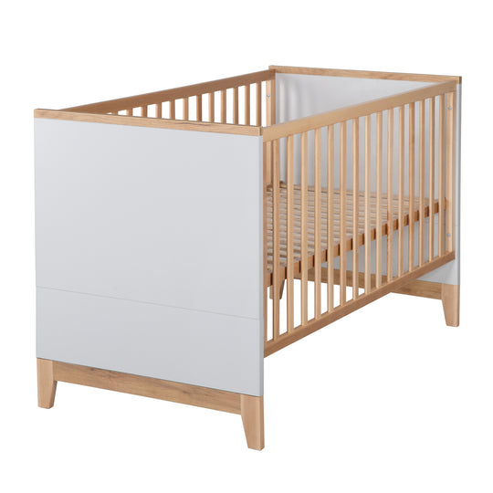 Children's Room Set 'Caro', including Convertible Bed 70 x 140 cm, Changing Table & 3-Door Wardrobe, Light Gray/Gold Oak