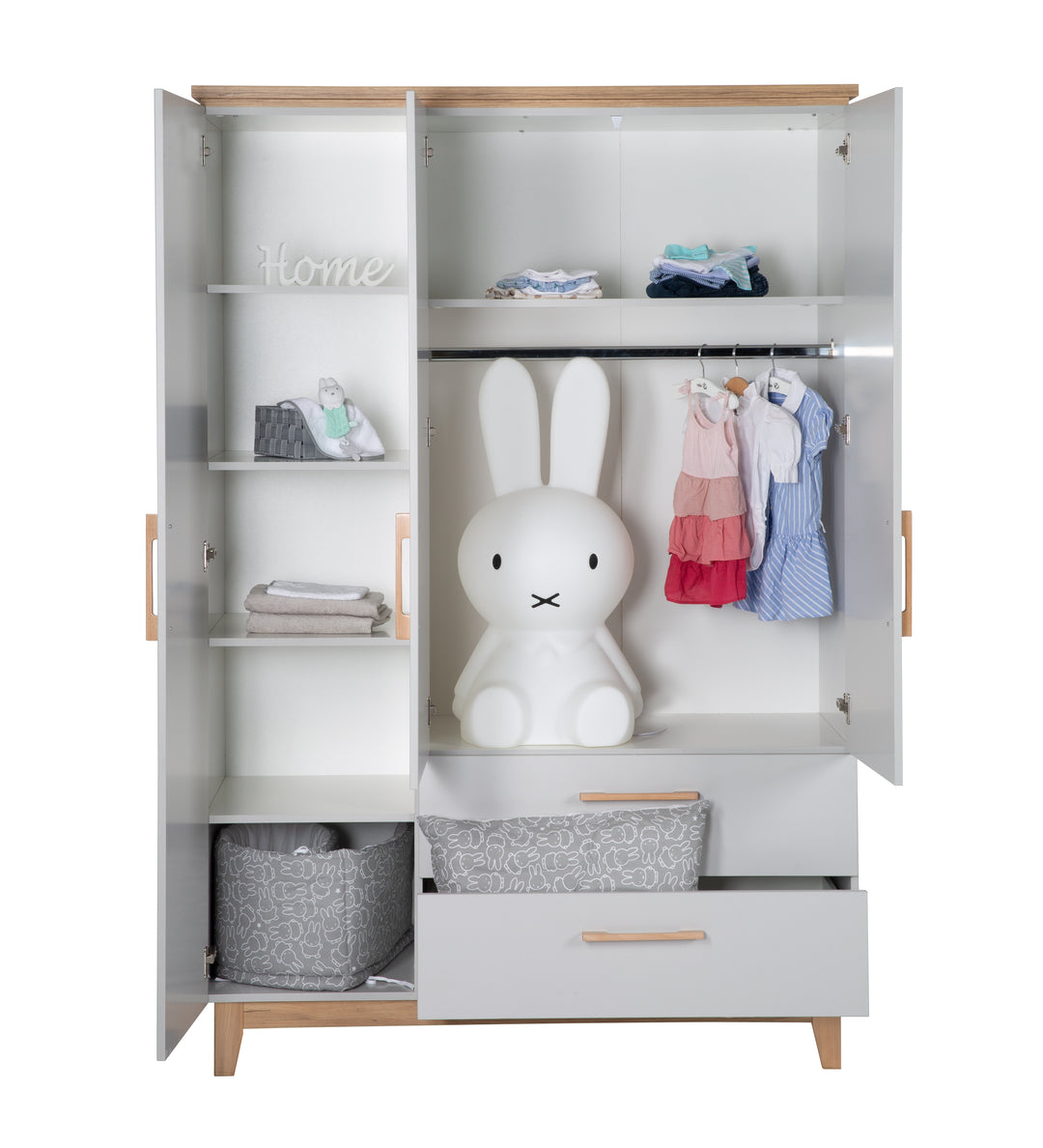 Children's Room Set 'Caro', including Convertible Bed 70 x 140 cm, Changing Table & 3-Door Wardrobe, Light Gray/Gold Oak