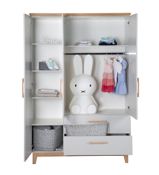 Children's Room Set 'Caro', including Convertible Bed 70 x 140 cm, Changing Table & 3-Door Wardrobe, Light Gray/Gold Oak