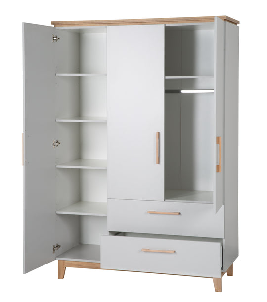 Children's Room Set 'Caro', including Convertible Bed 70 x 140 cm, Changing Table & 3-Door Wardrobe, Light Gray/Gold Oak