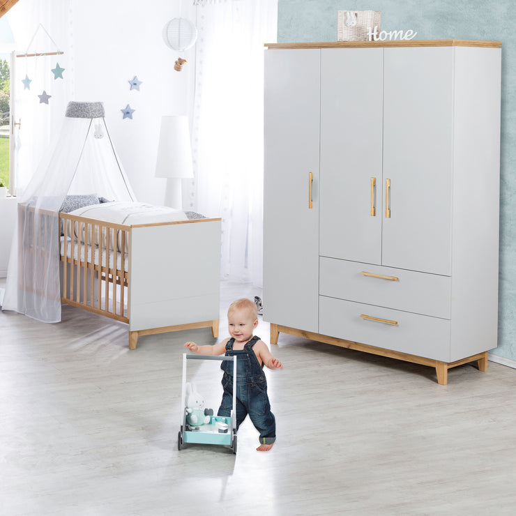 Children's room set 'Caro', incl. combi cot 70 x 140 cm, changing table & 3-door cupboard, light gray / gold oak