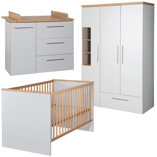 Kinderzimmerset 'Tobi', inkl. Kombi-Bett 70 x 140 cm, Wickelkommode & 3-türigem Schrank, Lichtgrau/Goldeiche