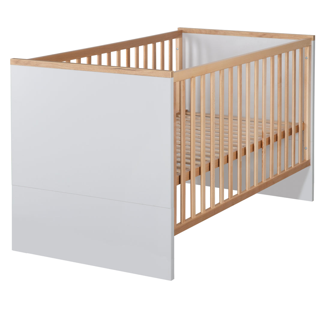 Kinderzimmerset 'Tobi', inkl. Kombi-Bett 70 x 140 cm, Wickelkommode & 3-türigem Schrank, Lichtgrau/Goldeiche