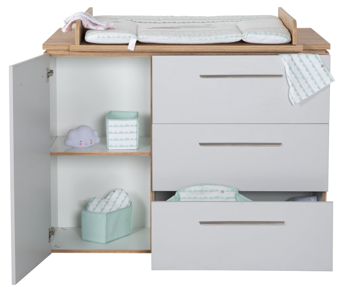 Cassettiera fasciatoio 'Tobi' con piano fasciatoio, chiusura Soft-Close, 1 anta, 3 cassetti, altezza fasciatoio 94 cm